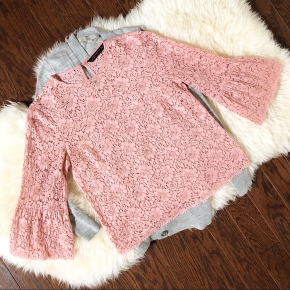 Zara Blush Pink Lace Bell Sleeve Blouse Size Small - Picture 3 of 8